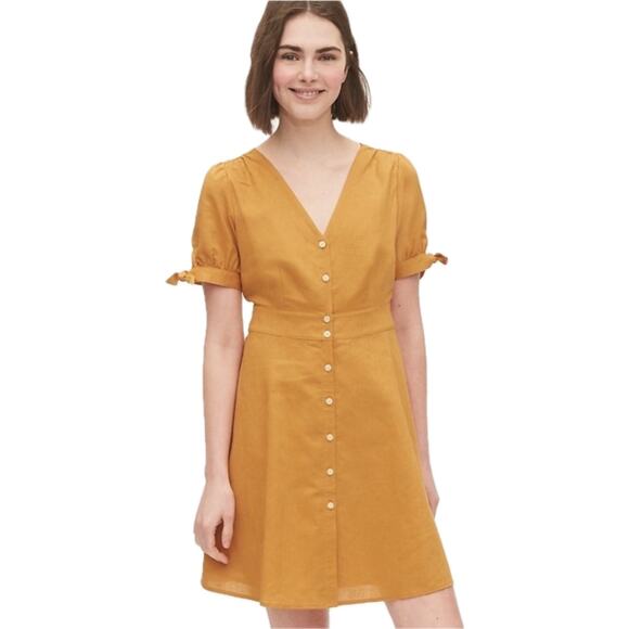 Gap Linen V-Neck Dress Women's S | Desert Sunset Gold, Tie Sleeve | NWT - Picture 1 of 16